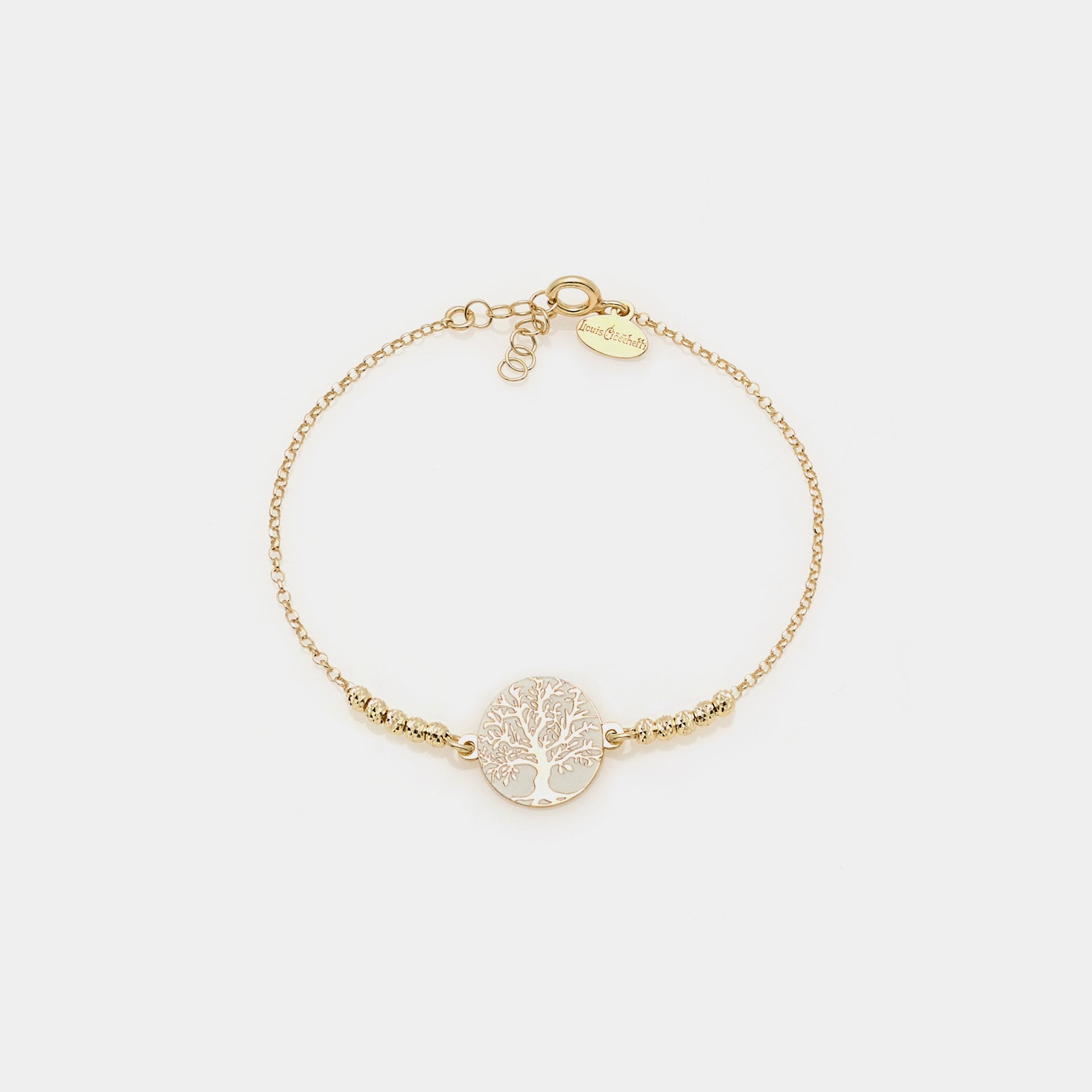 Gold-plated silver bracelet with faceted spheres and large central tree of life