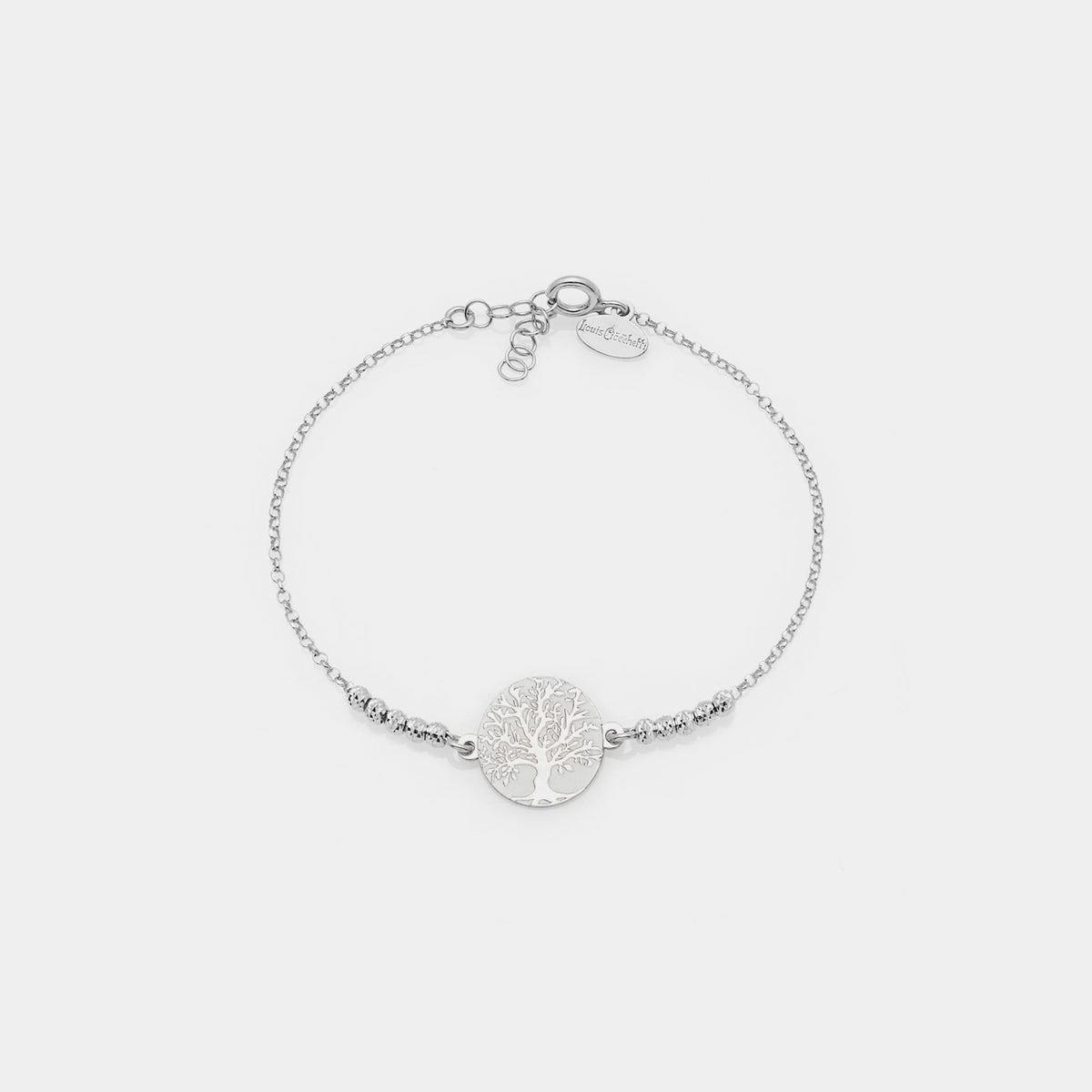 Rhodium-plated silver bracelet with faceted spheres and large central tree of life