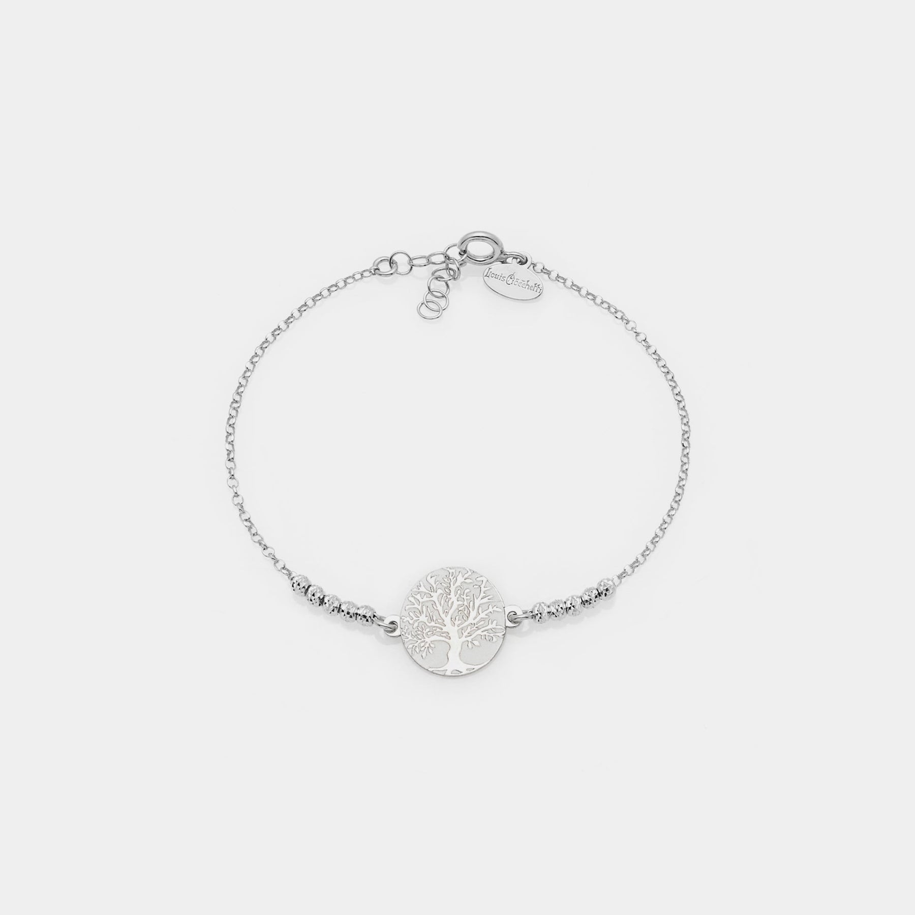 Rhodium-plated silver bracelet with faceted spheres and large central tree of life