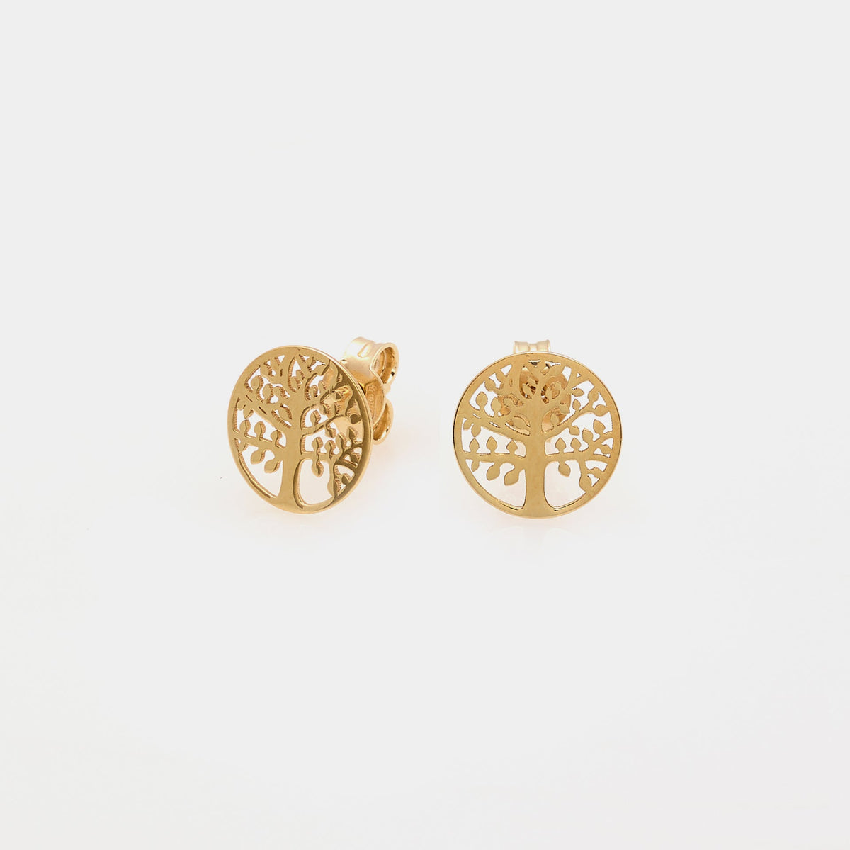 Gold-plated silver stud earrings with round tree of life cutout