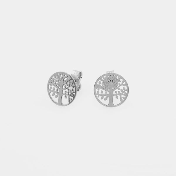 Pendientes de Stud de Plata Bañados en Rodio con Diseño de Árbol de la Vida Redondo