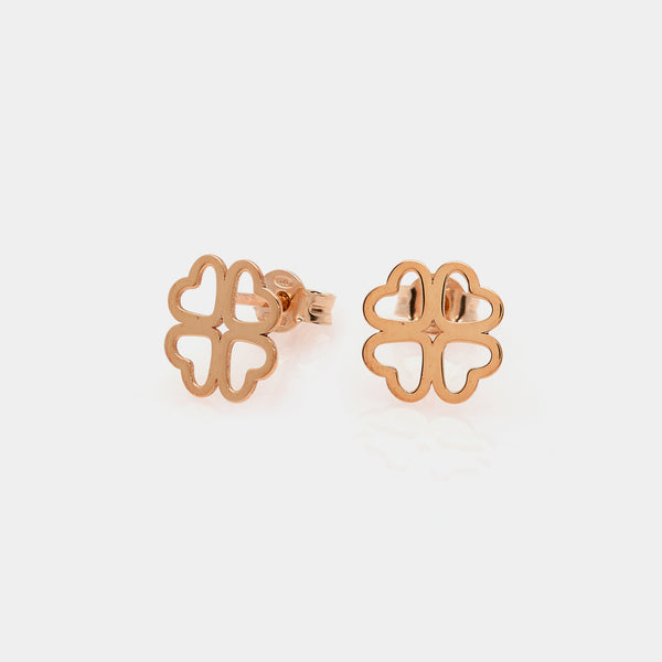 Rose gold silver stud earrings with clover and heart-shaped cutout petals