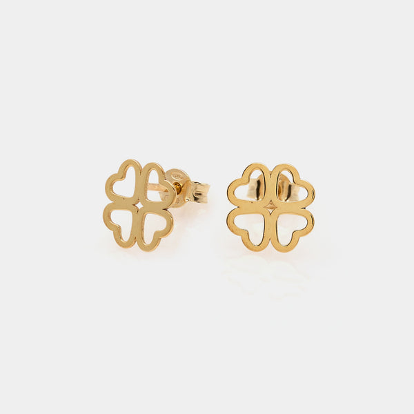 Gold-plated silver stud earrings with clover and heart-shaped cutout petals