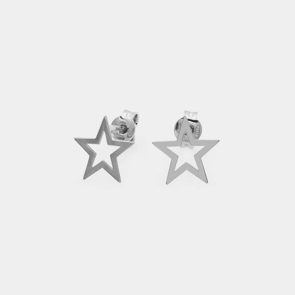 Rhodium-plated silver stud earrings with perforated star