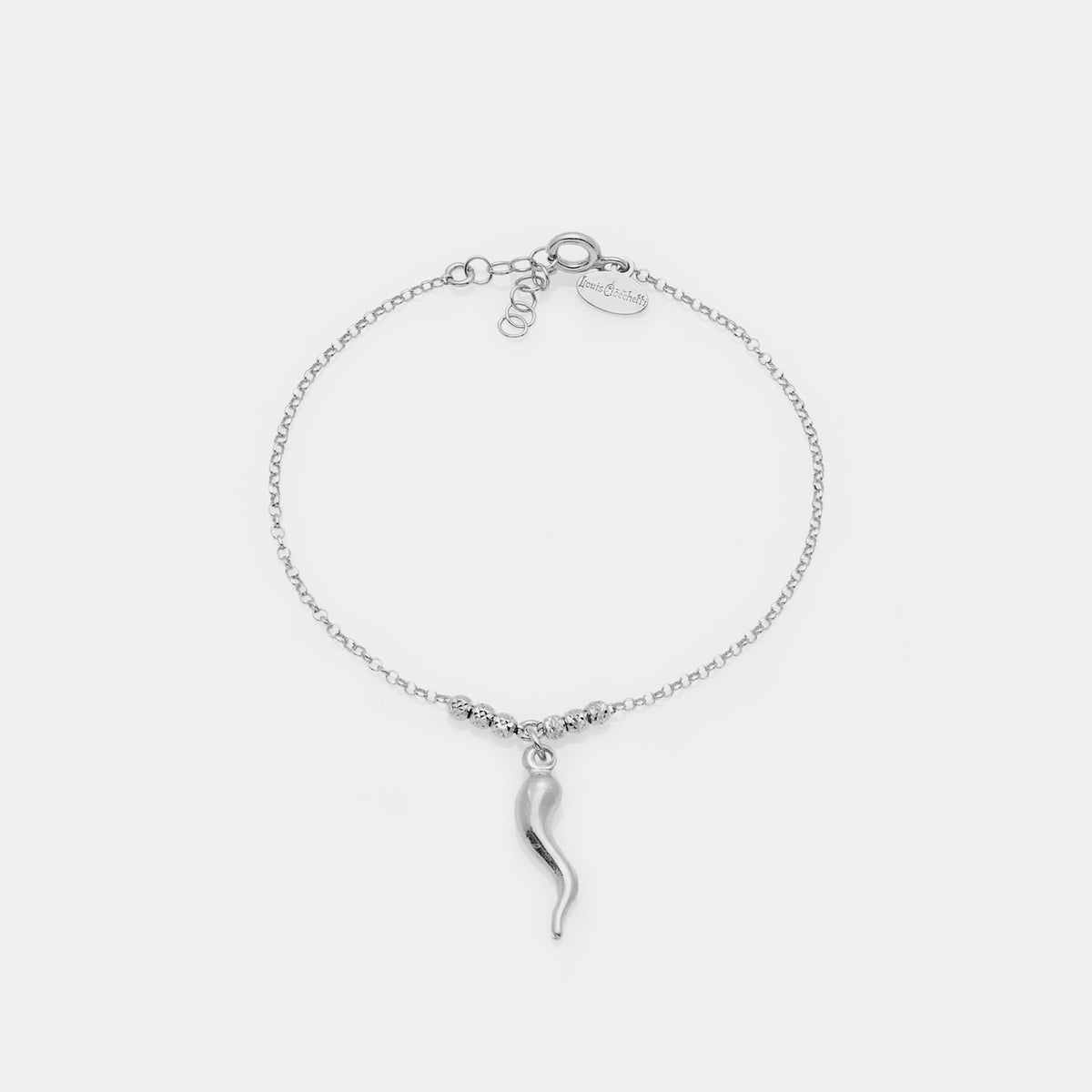 Rhodium-plated silver bracelet with faceted spheres and central curved horn pendant