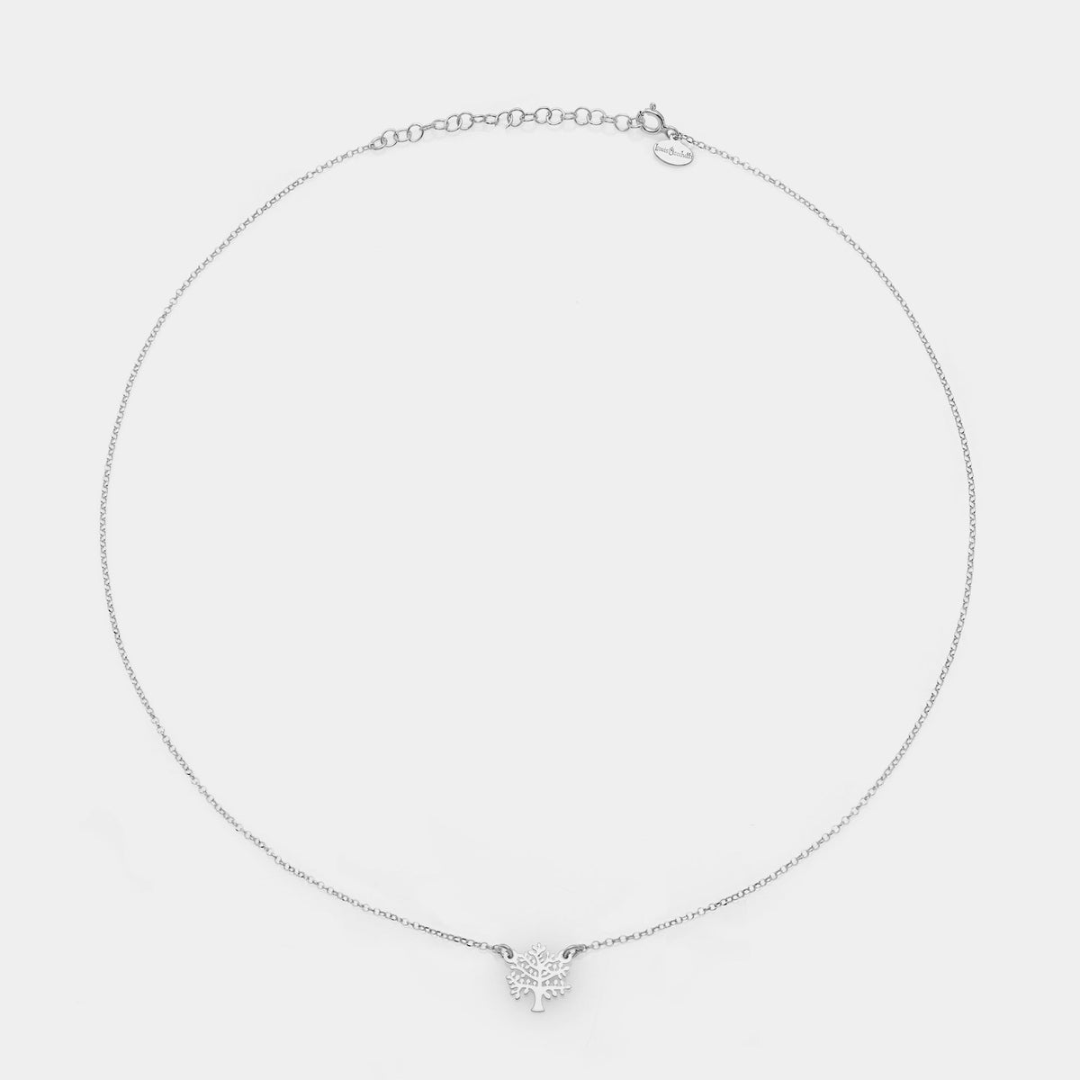 Rhodium-plated silver necklace with pierced tree centerpiece