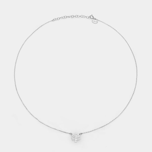 Rhodium-plated silver necklace with pierced tree centerpiece