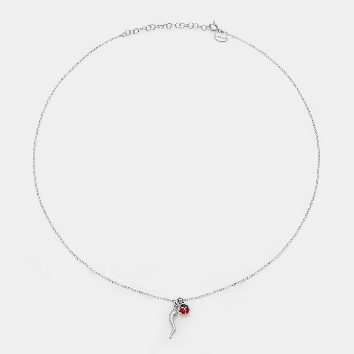 Rhodium-plated silver necklace with horn centerpiece and enamel ladybug pendants