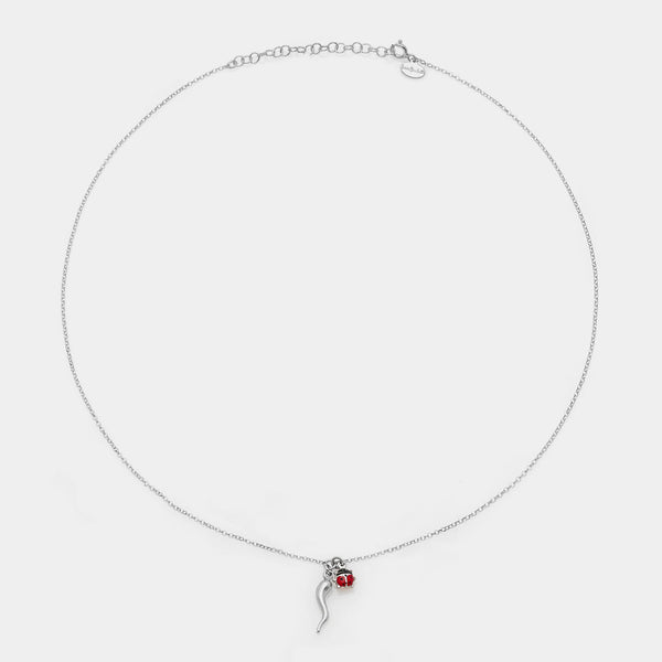 Collana argento rodiato con centrale corno e coccinella smaltata pendenti