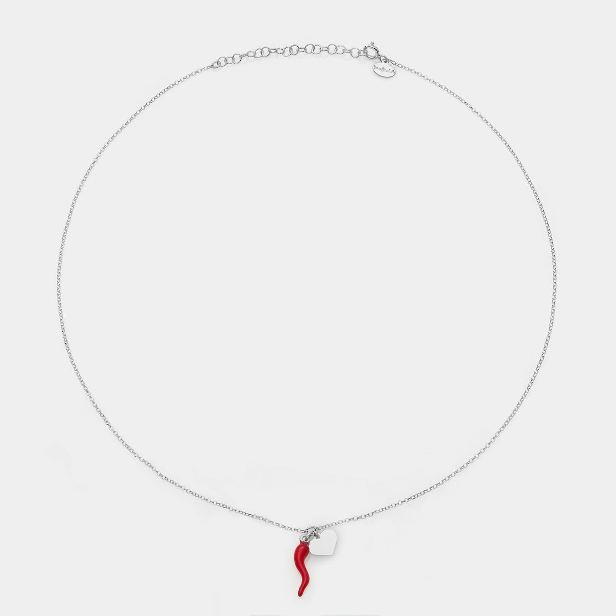 Rhodium-plated silver necklace with enameled horn centerpiece and heart pendants