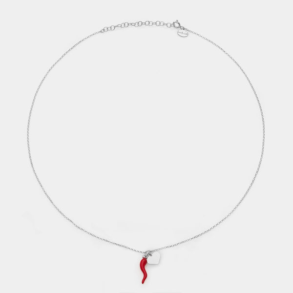 Collana argento rodiato con centrale corno smaltato e cuore pendenti