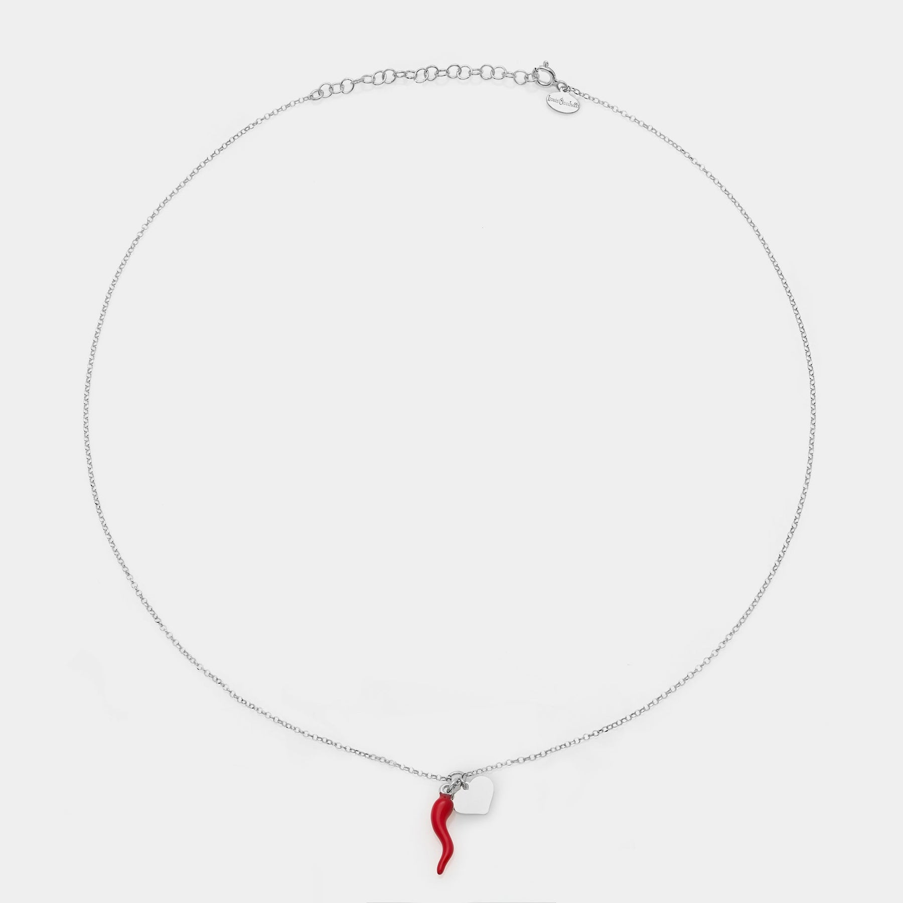 Rhodium-plated silver necklace with enameled horn centerpiece and heart pendants