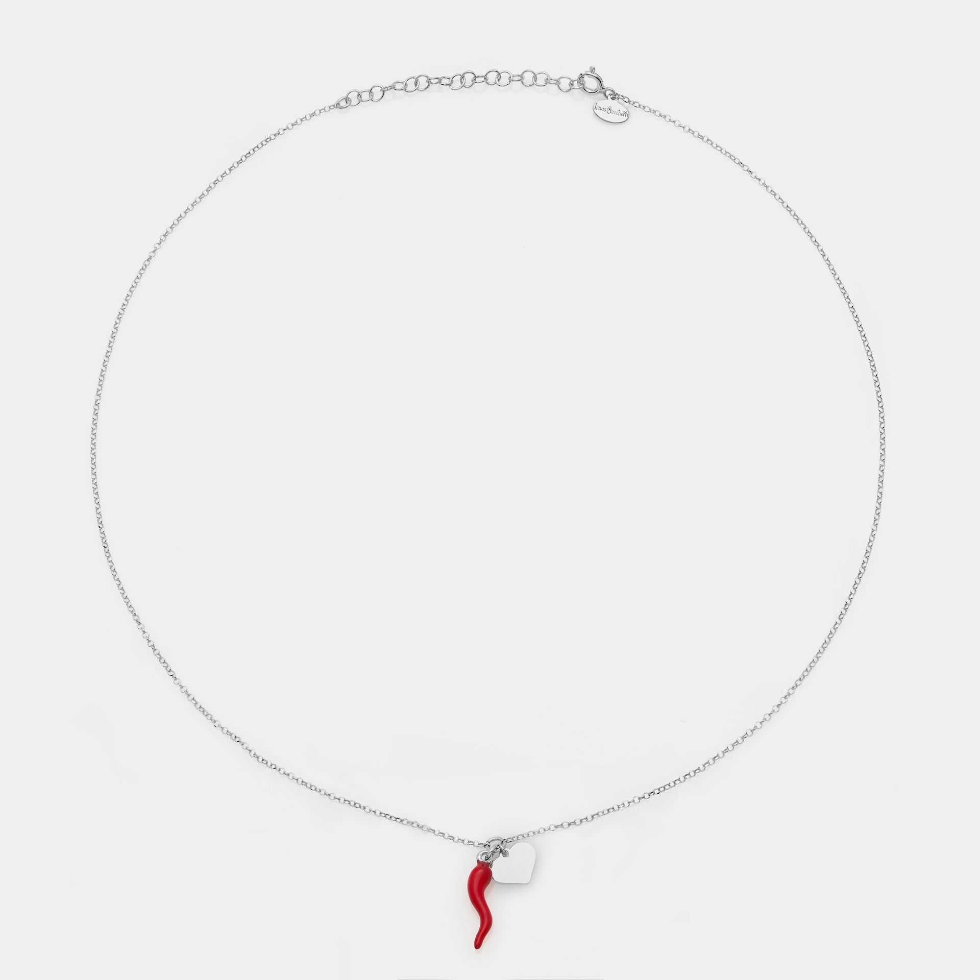 Rhodium-plated silver necklace with enameled horn centerpiece and heart pendants