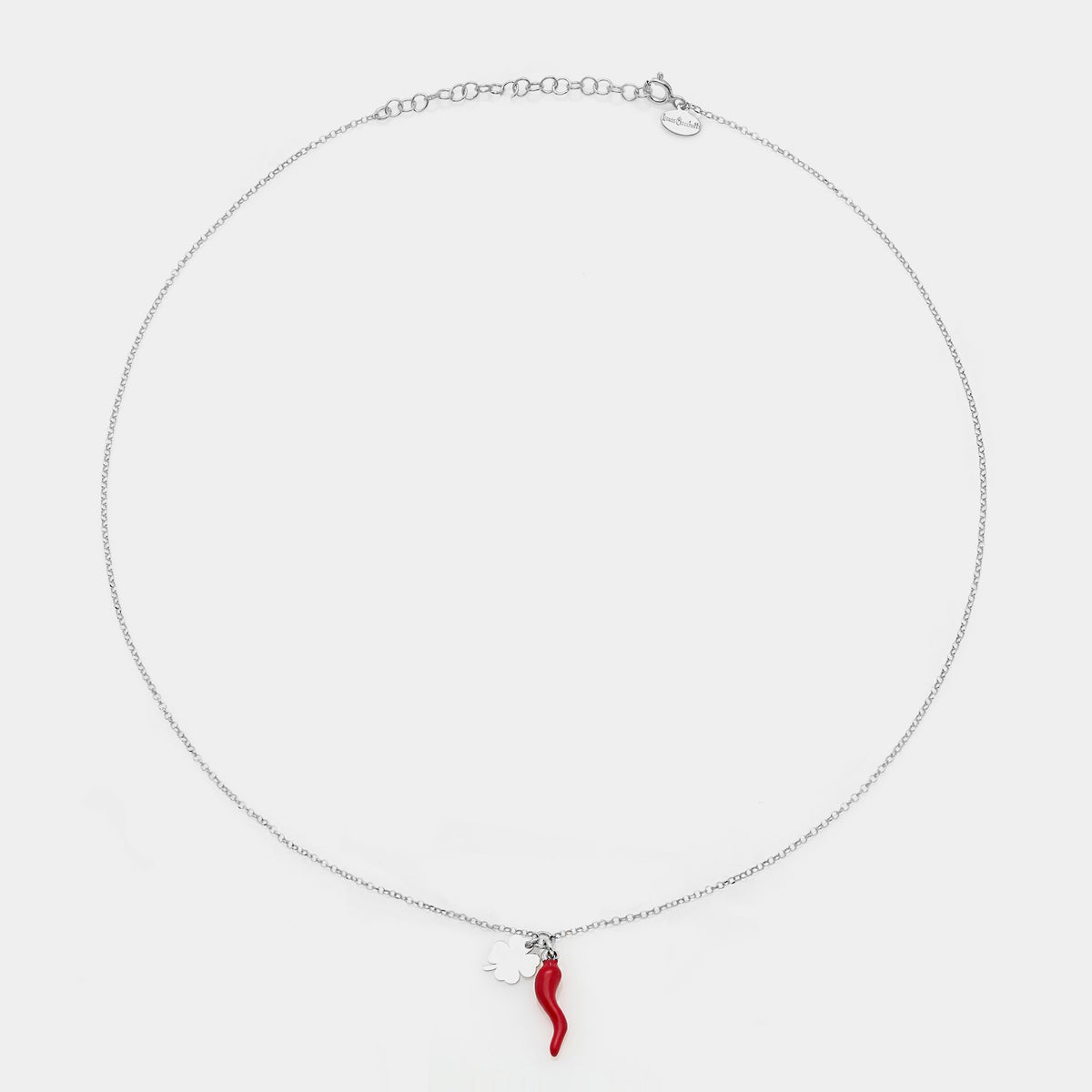 Rhodium-plated silver necklace with enameled horn centerpiece and clover pendants