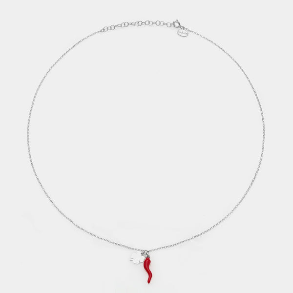 Rhodium-plated silver necklace with enameled horn centerpiece and clover pendants
