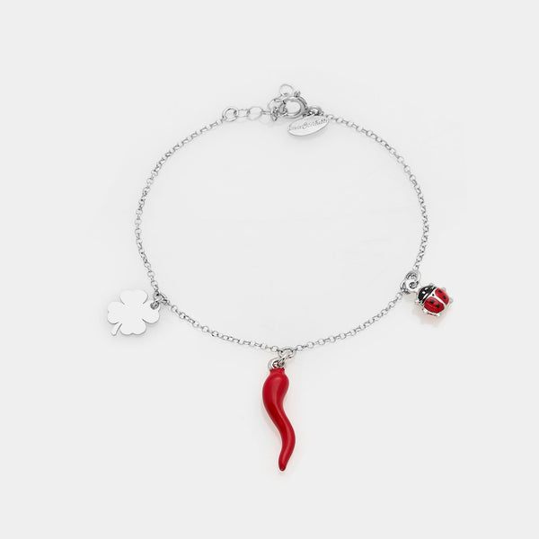 Rhodium-plated silver bracelet with horn and enamel ladybug and clover pendants