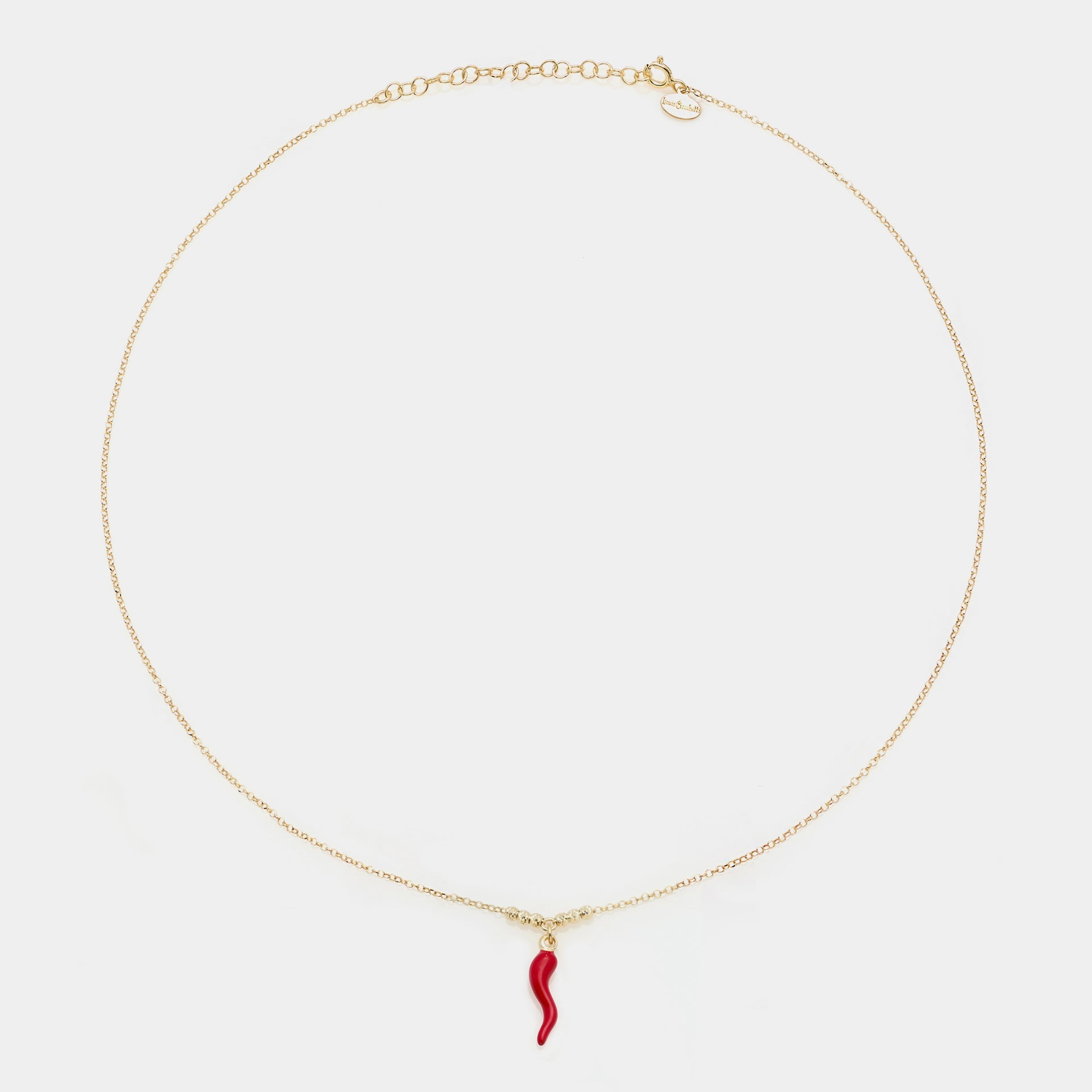 Gold-plated silver necklace with enameled horn pendant and 3 faceted spheres on the sides