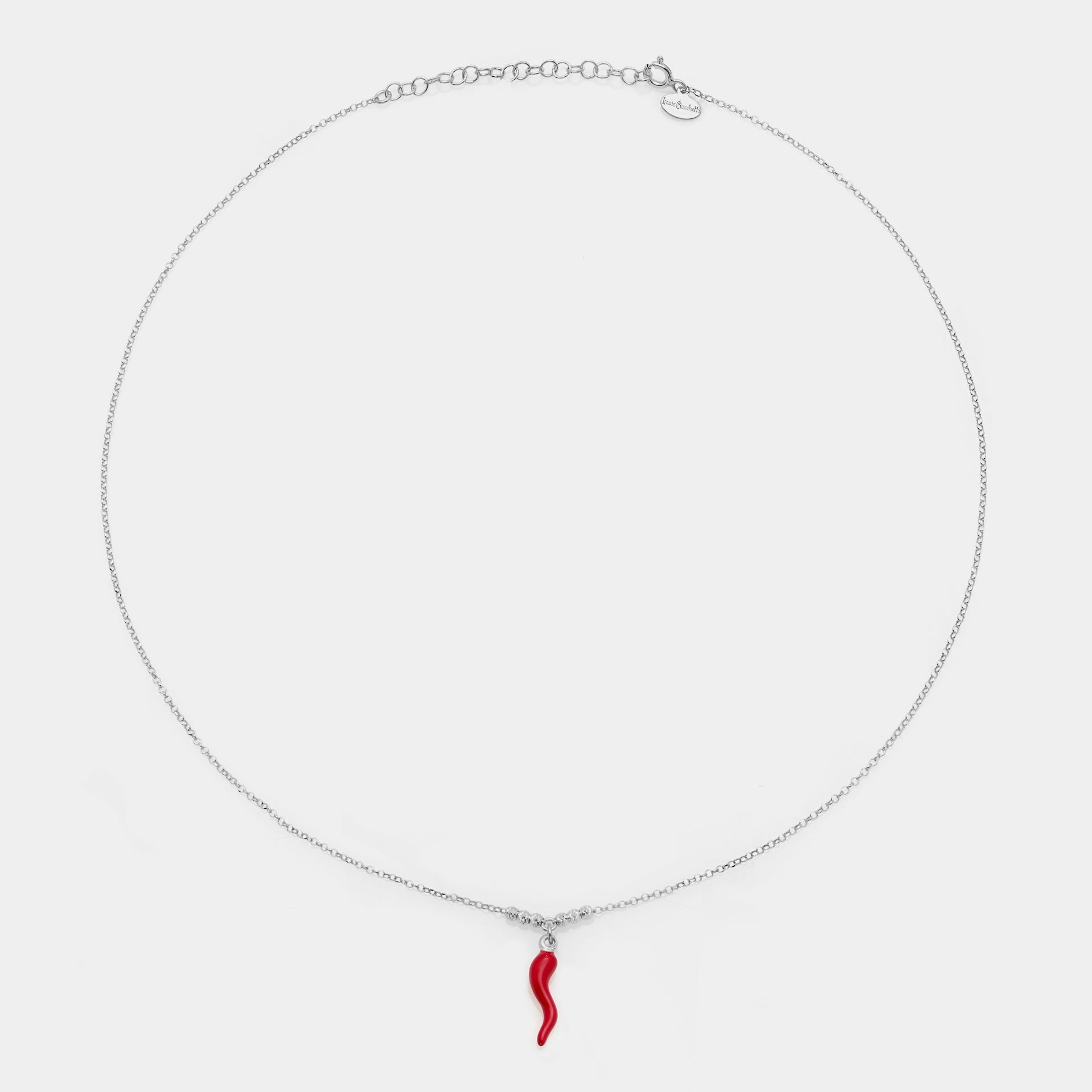 Rhodium-plated silver necklace with enameled horn pendant and 3 faceted spheres on the sides