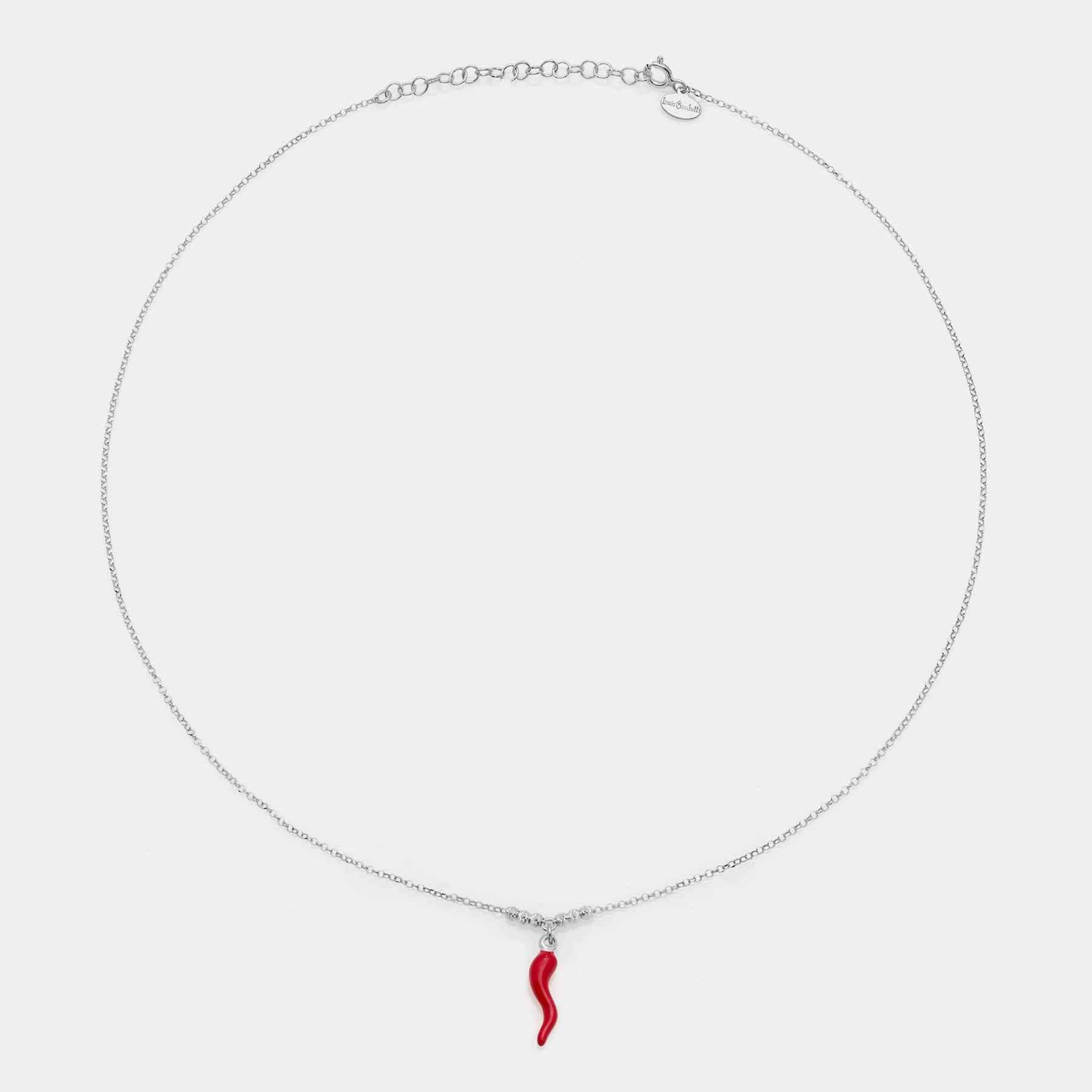 Rhodium-plated silver necklace with enameled horn pendant and 3 faceted spheres on the sides