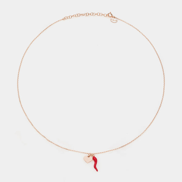 Collana argento rosato con centrale corno smaltato e cuore pendenti