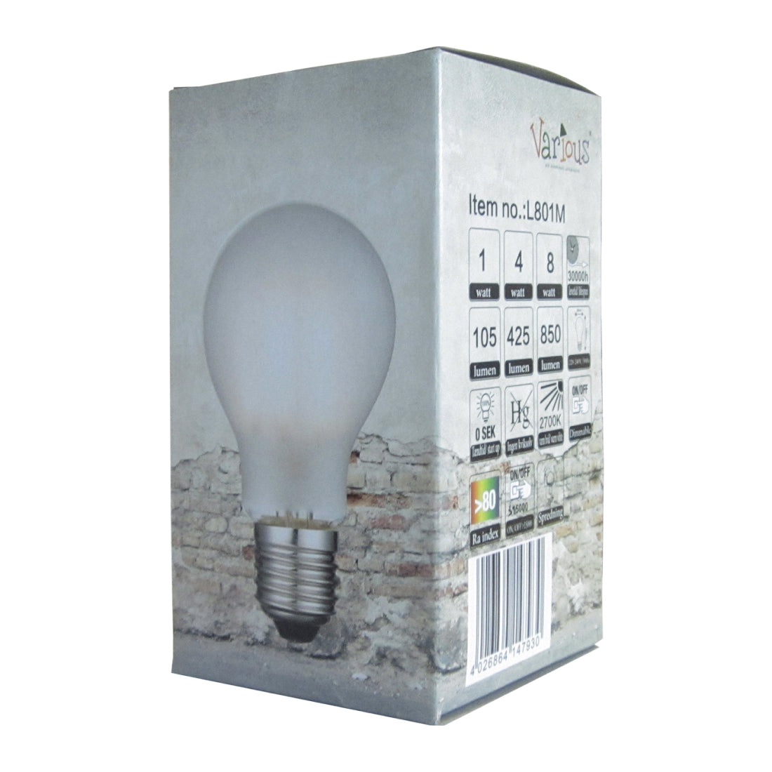 LED lamp L801M E27 fitting, 2700K warmwit, 3-staps dimbaar voor gezellige sfeer