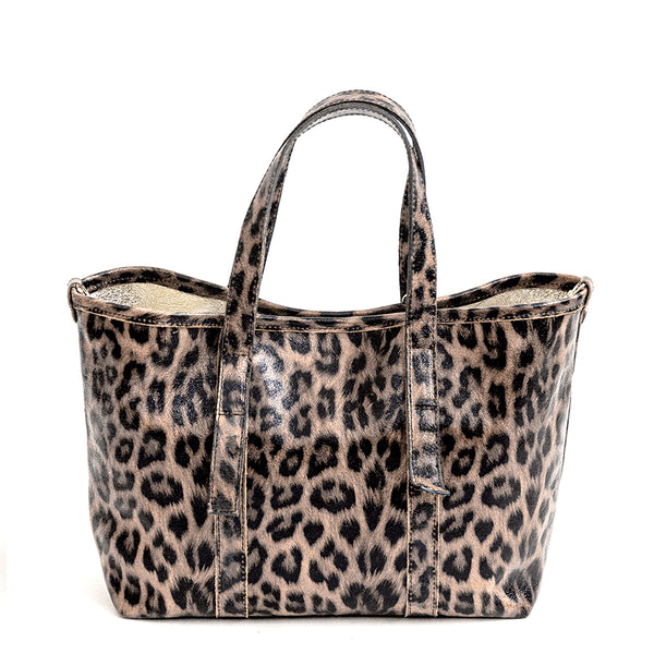 LEOPARD - Glossy Animal Print Leather Shopping Bag