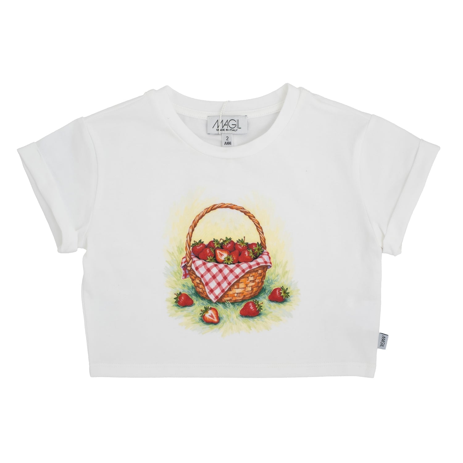 T-SHIRT CROPPED STAMPA CESTO CON FRAGOLE