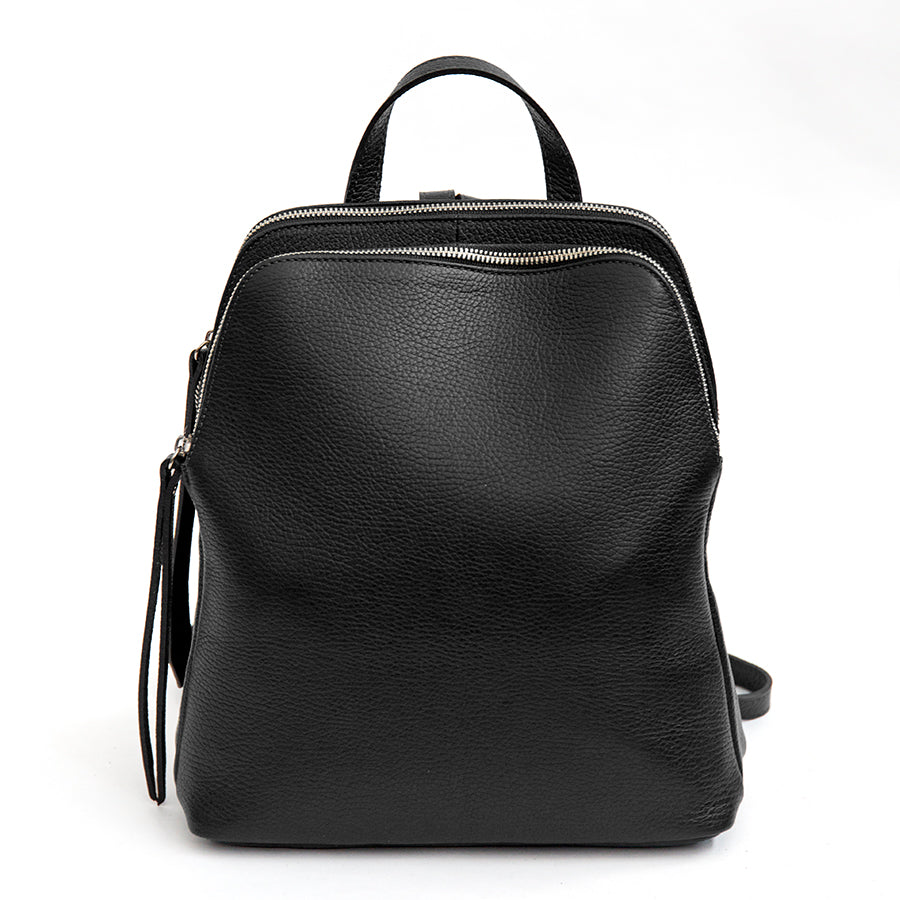 LONDON - Black leather two-zip backpack