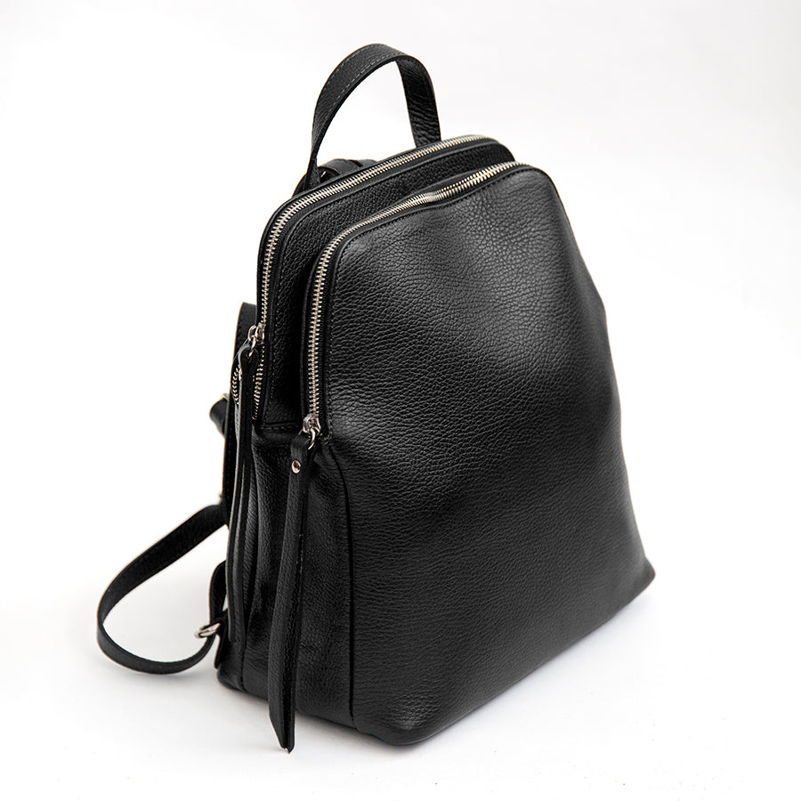 LONDON - Black leather two-zip backpack