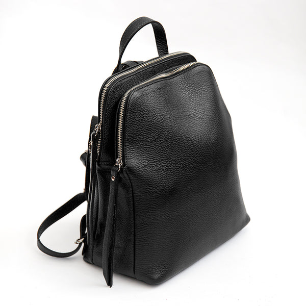 LONDON - Black leather two-zip backpack