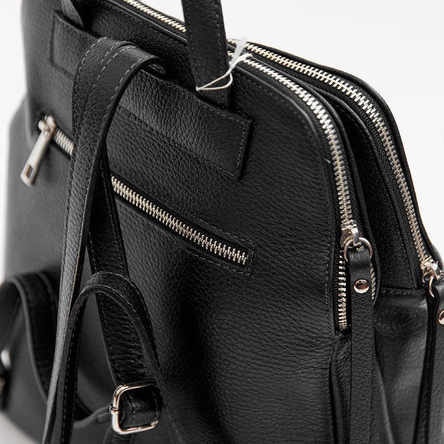 LONDON - Black leather two-zip backpack