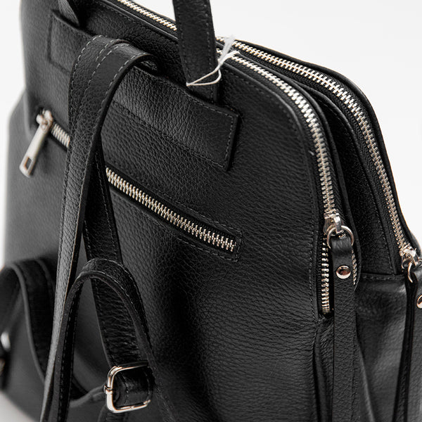 LONDON - Black leather two-zip backpack