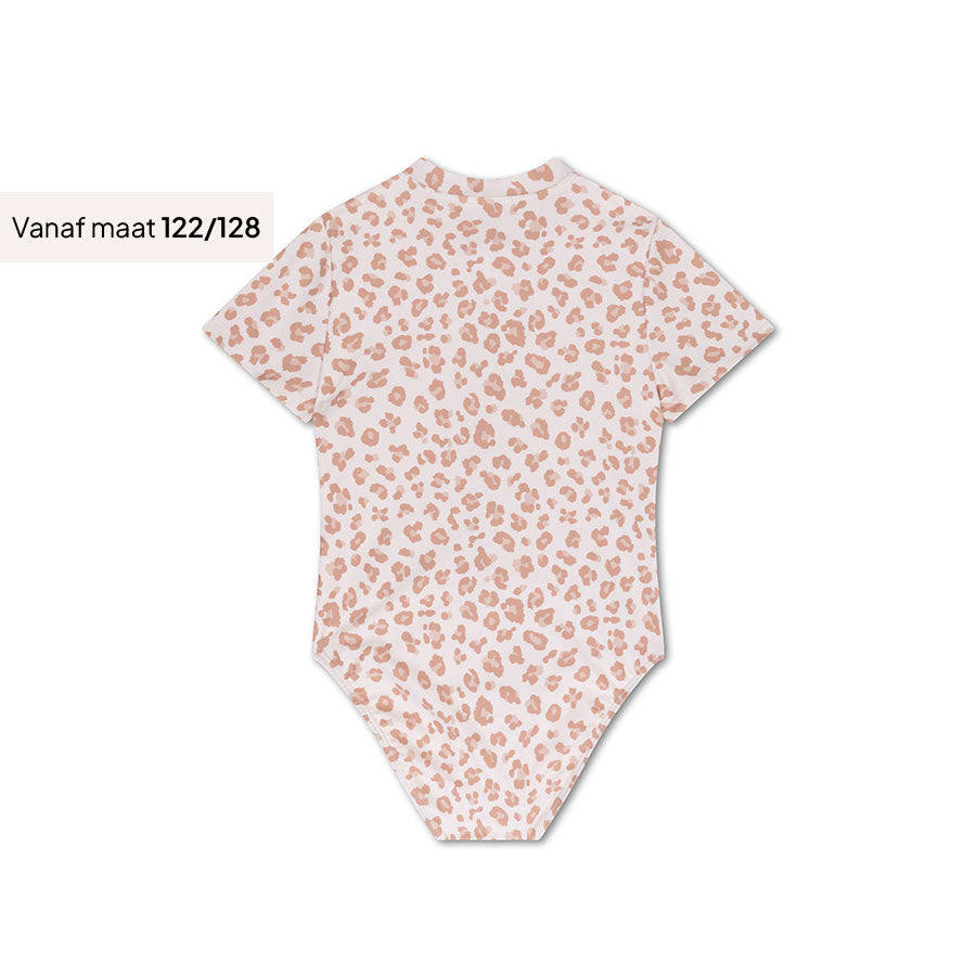 Leopard | Beige Girls UV Swimsuit with Short Sleeves