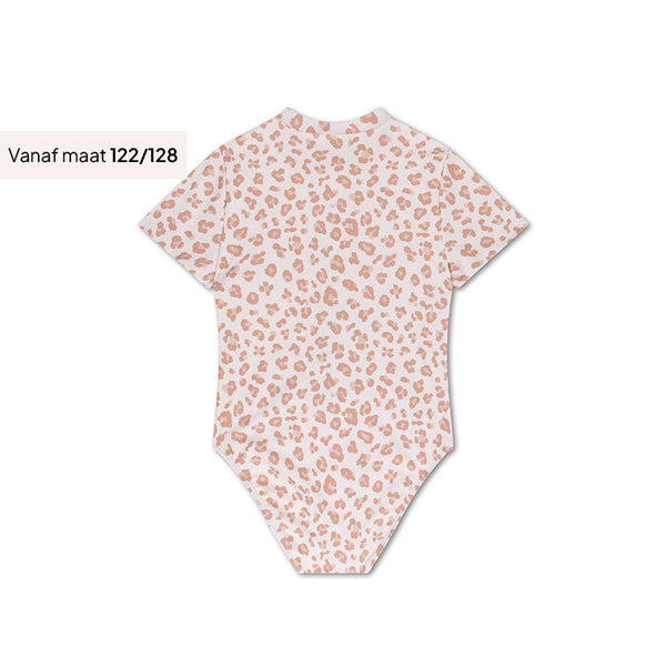 Leopard | Beige Girls UV Swimsuit with Short Sleeves