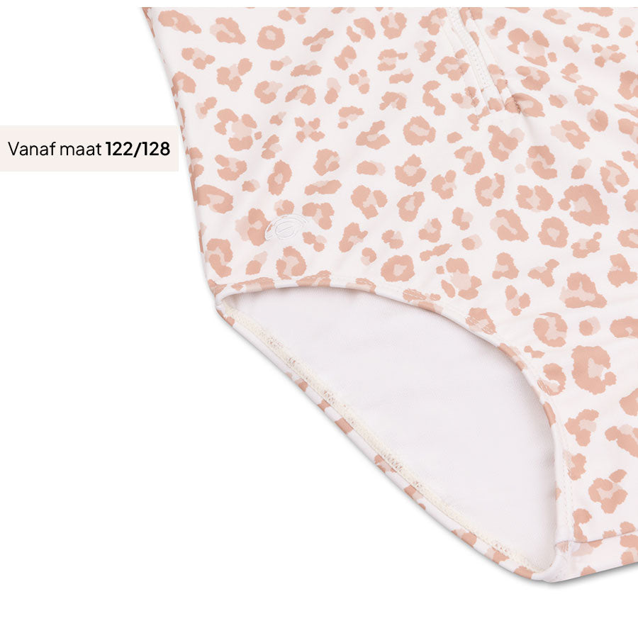 Leopard | Beige Girls UV Swimsuit with Short Sleeves