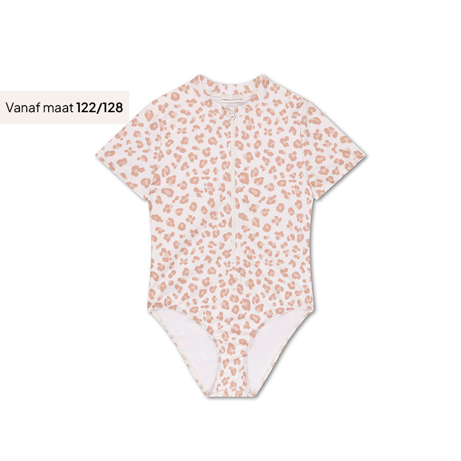 Leopard | Beige Girls UV Swimsuit with Short Sleeves
