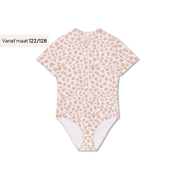 Leopard | Beige Girls UV Swimsuit with Short Sleeves