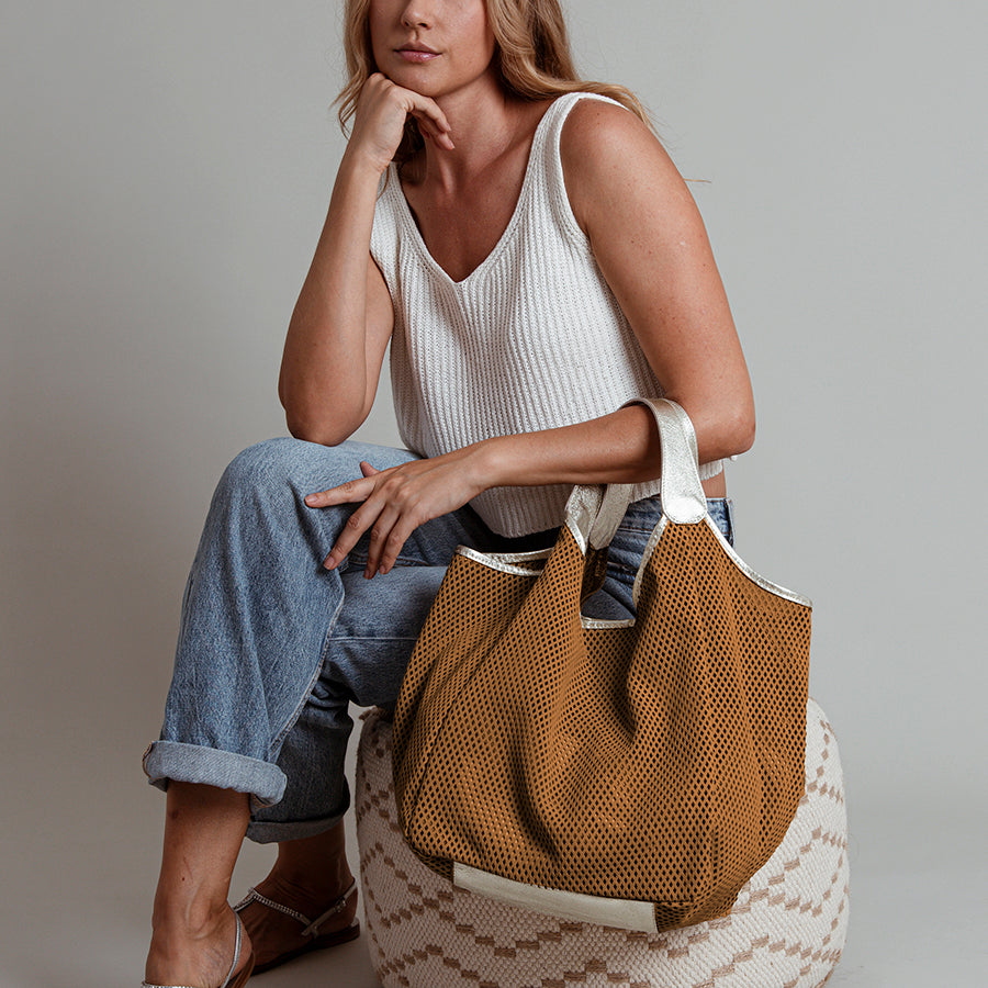 MAINE BIG - Maxi shopping in laser-cut suede leather