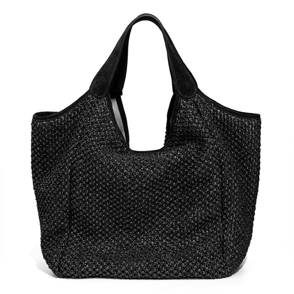 MAYA BIG - Maxi shopping in black raffia and suede