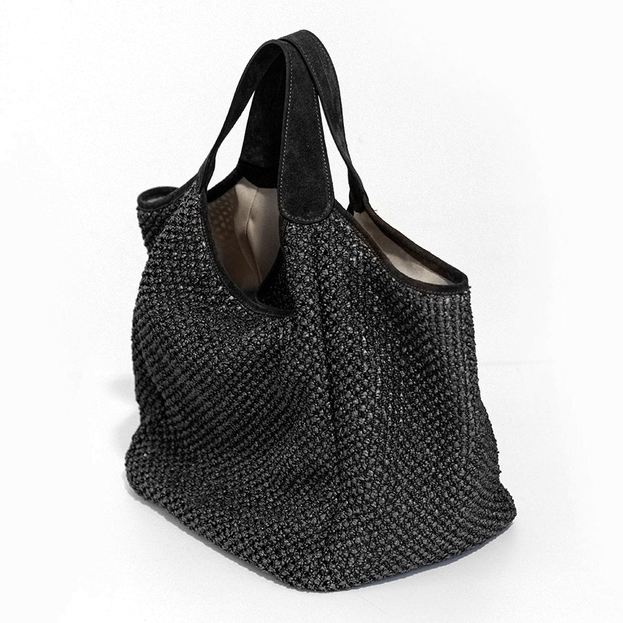 MAYA BIG - Maxi shopping in black raffia and suede