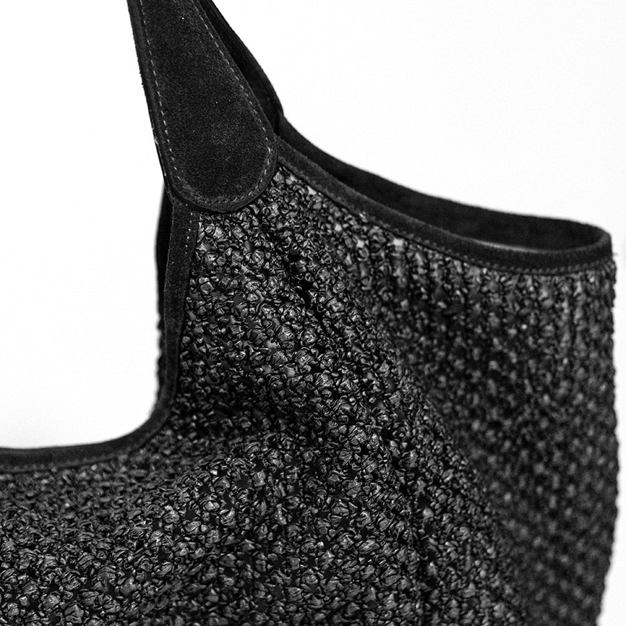 MAYA BIG - Maxi shopping in black raffia and suede