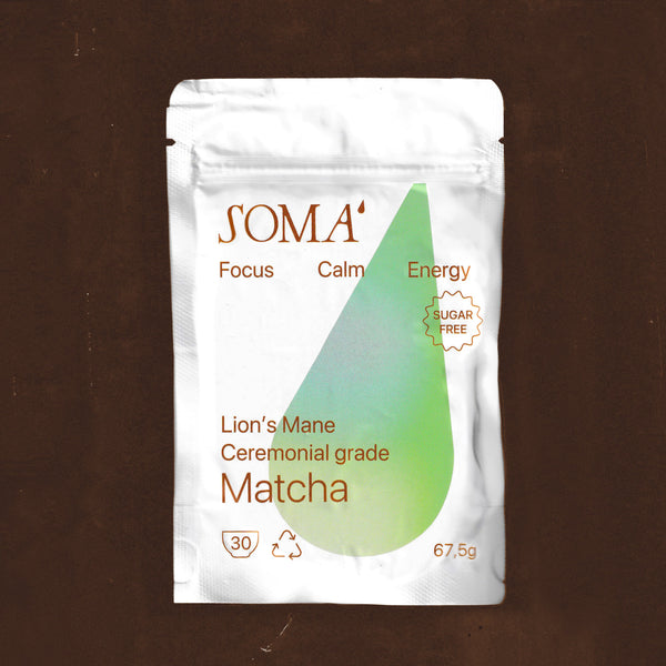 SOMA matcha packaging on a brown background