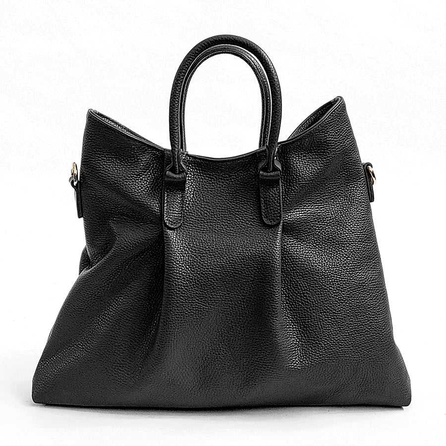 NADIA - Ruched Leather Briefcase in Black