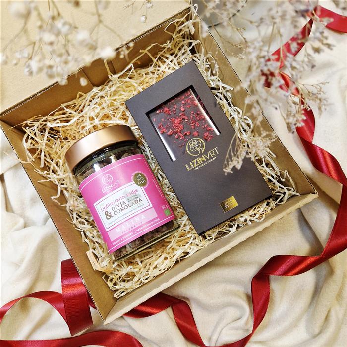 liofilizirana malina v divji čokoladi & temna čokolada malina