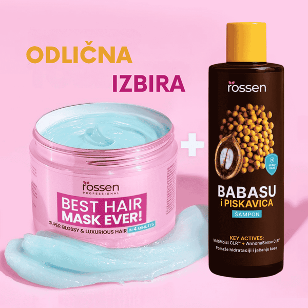 Promotional image showing a Rossen hair mask jar and a Babasu shampoo bottle on a pink background, with the Croatian caption 'ODLIČNA IZBIRA' (Excellent Choice).