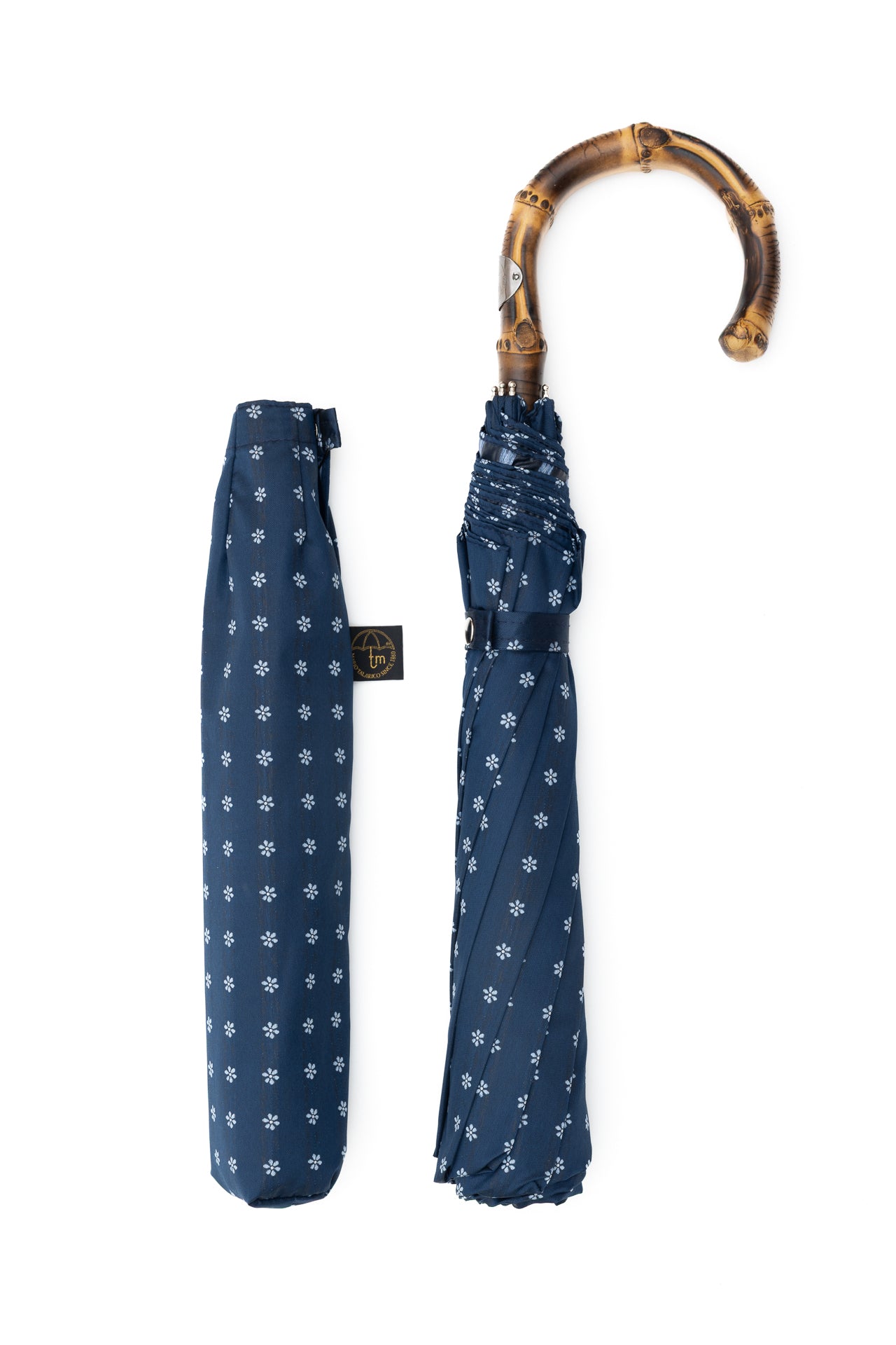 Mario Talarico Blue Floral Folding Umbrella with Bamboo Handle
