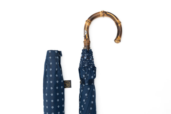 Mario Talarico Blue Floral Folding Umbrella with Bamboo Handle