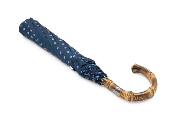 Mario Talarico Blue Floral Folding Umbrella with Bamboo Handle