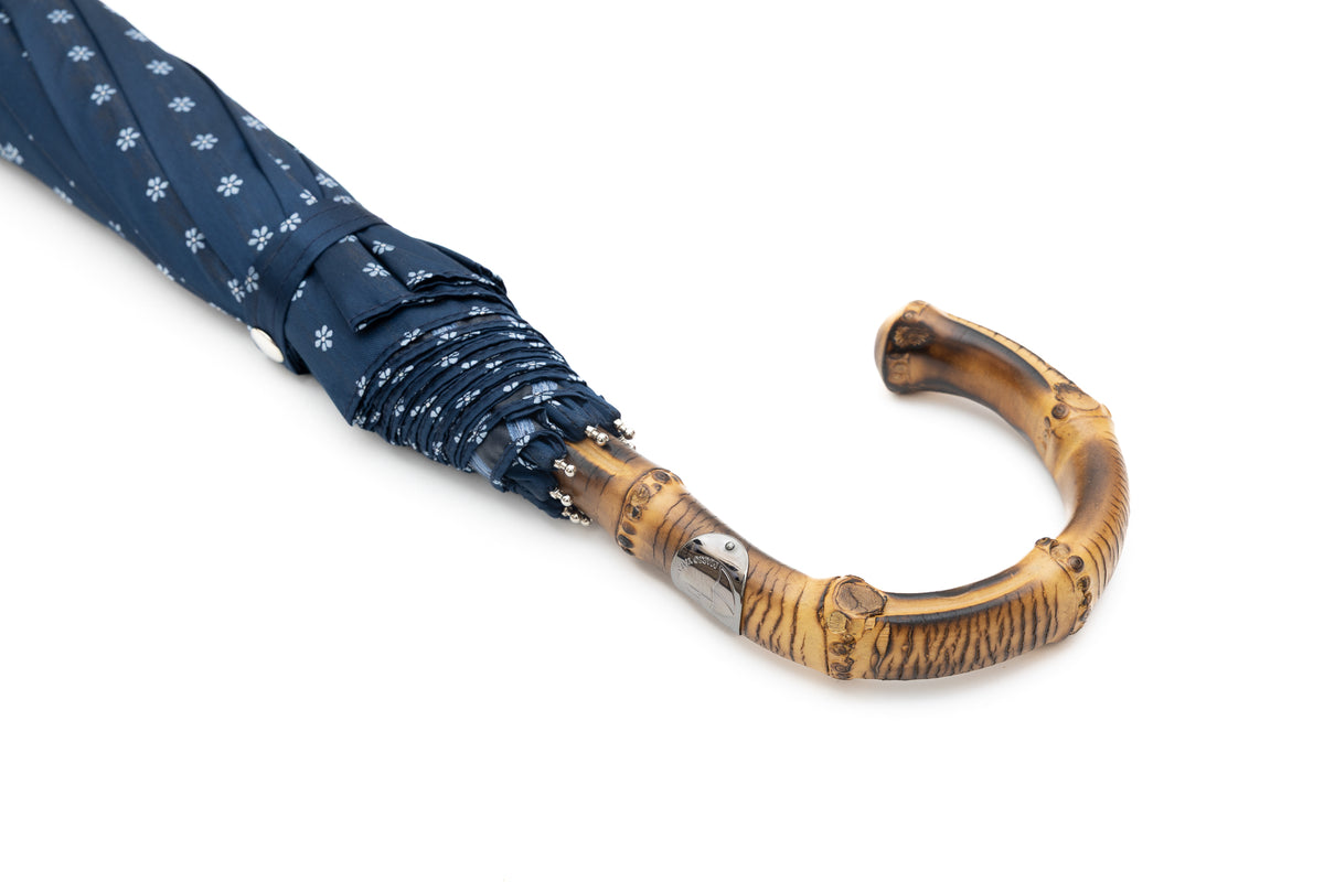 Mario Talarico Blue Floral Folding Umbrella with Bamboo Handle