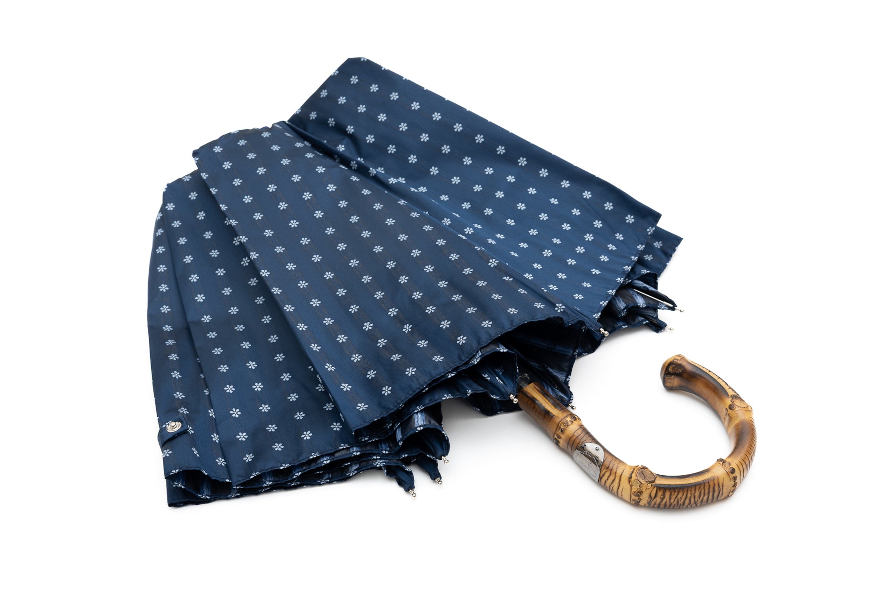 Mario Talarico Blue Floral Folding Umbrella with Bamboo Handle